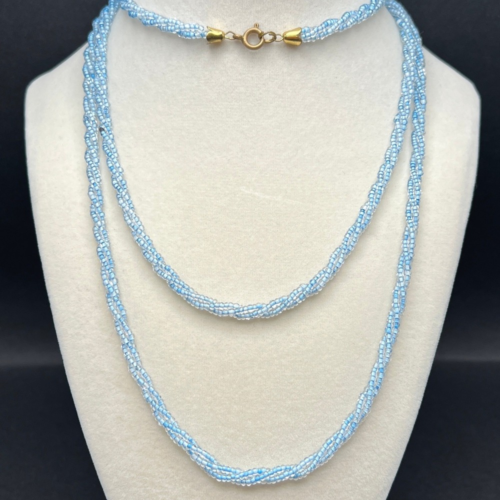 Vintage Beaded Necklace Light Blue Seed Beads Torsade Twisted Long 47"